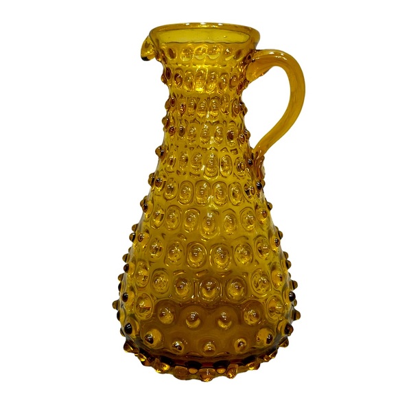 Hand Blown Amber Hobnail Pitcher vintage Art Glass
